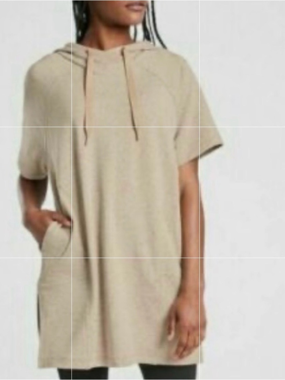 Athleta Cabana Textured Tunic Hoodie XS Heathered Oatmeal Tan Short Sleeve Beach